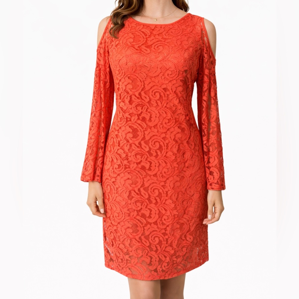 Adrianna Papell Dress Orange 6 Cotton Lace Long Sleeve Party Wedding Cruise